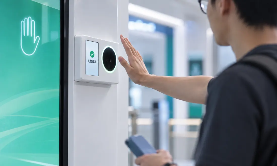 A user authenticating at a palm recognition terminal